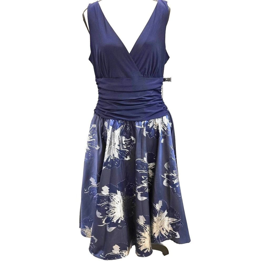 NWT Jessica Howard Women's 14 Navy Metallic Floral Fit Flare Wedding Guest Dress